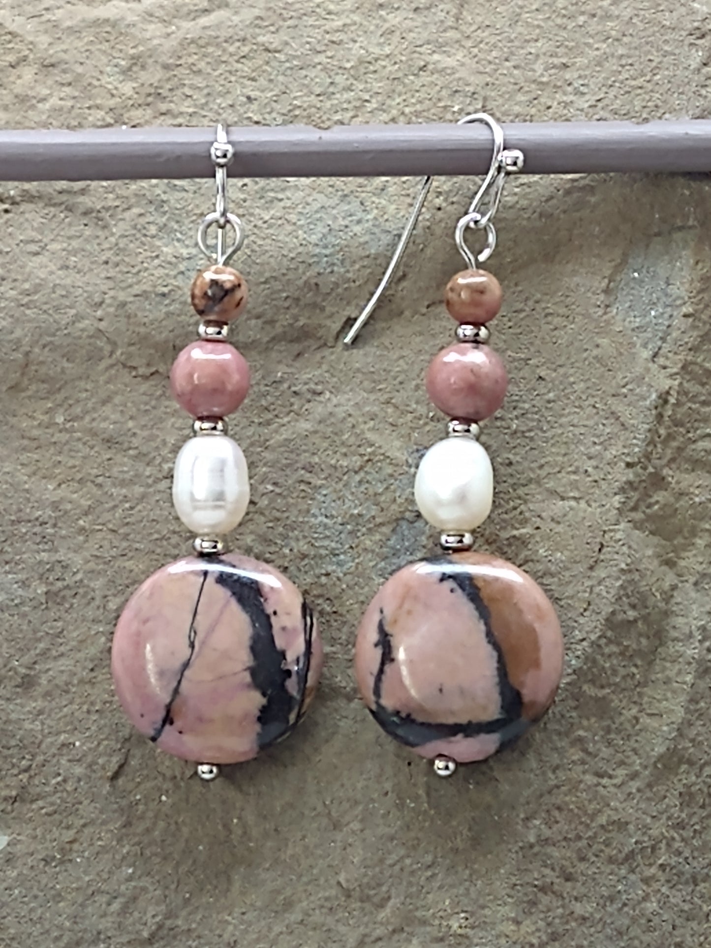240033E Rhodonite & Cultured Pearl Earrings