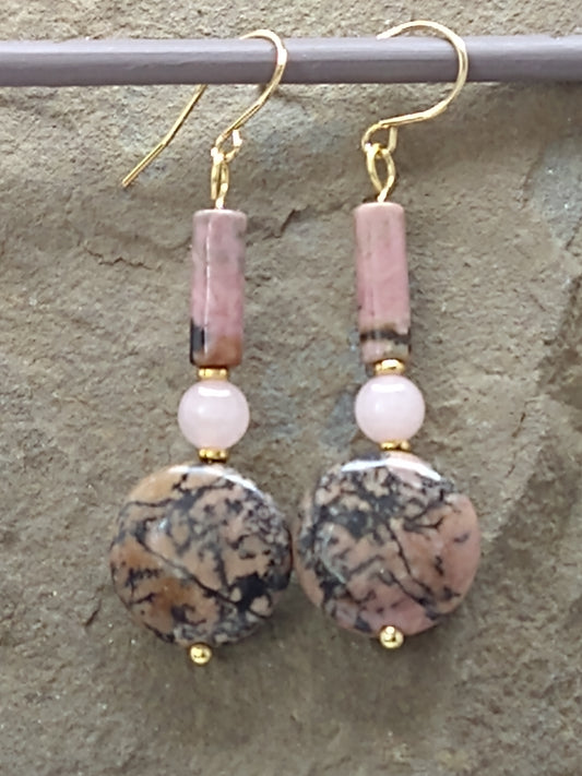 240033H Rhodonite & Rose Quartz Frypan Earrings